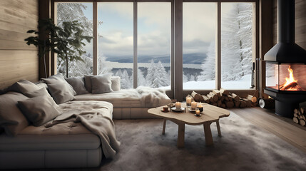 A Scandinavian winter cabin with a cozy sofa set, fur throws, and a fireplace surrounded by snowy...