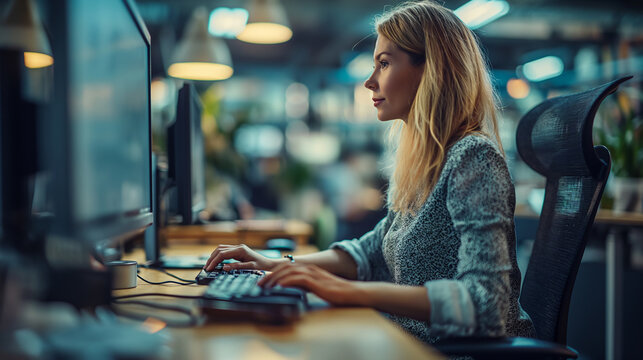 Side view of a concentrated woman working on a desktop computer in a busy office environment.