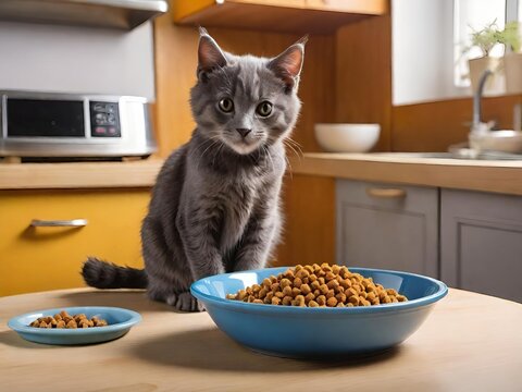 Grey cat sits on a wooden kitchen counter, with two bowls of dry food in front of it. The warm, homey kitchen setting creates a charming backdrop. Generative AI.