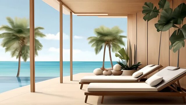 The balcony view of the villa at the resort faces the sea. Vacation and summer concept