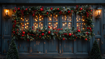 Fototapeta na wymiar Christmas Background ,Tree Indoor Vintage Lighting Wooden Floor Door Decoration Background