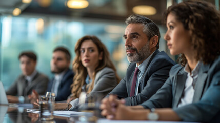 Focused group of business professionals in a meeting, with a senior male executive leading the discussion in a corporate office setting.
