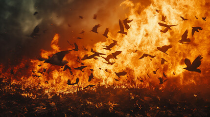 A catastrophic fire engulfs a waste dump, with birds fleeing the intense flames and smoke under a dramatic sky.