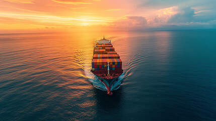 Aerial view of a colorful container ship cutting through the open sea, with a beautiful sunset painting the sky in warm hues.