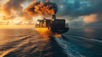 A large cargo ship releases thick black smoke into the sky against the backdrop of a stunning ocean sunset.