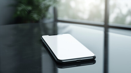 Modern smartphone lying on a glossy black surface, featuring a blank screen ready for digital content, with natural light in the background.