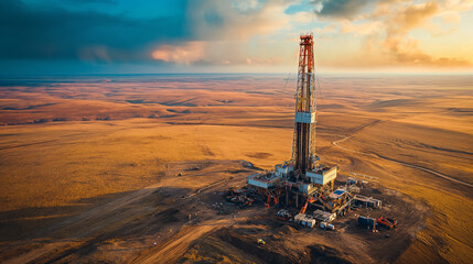 An oil drilling rig stands isolated in the vast desert, captured during the golden hour of sunset, symbolizing energy exploration. - obrazy, fototapety, plakaty