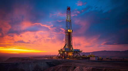 Obraz premium An oil drilling rig stands isolated in the vast desert, captured during the golden hour of sunset, symbolizing energy exploration.