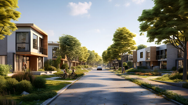 Street of exterior suburban homes at Summer. A perfect neighborhood. Luxury houses,Perfect american neighbourhood. Houses in suburban area at summer day, neural network generated image,

