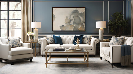 A transitional-style sofa set featuring a mix of textures and patterns, placed in a transitional living room with a seamless blend of modern and traditional elements.