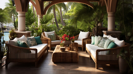 A tropical outdoor lounge with a bamboo sofa set, palm trees, and colorful outdoor cushions for a...