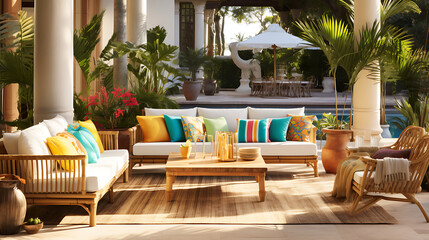 A tropical outdoor lounge with a bamboo sofa set, palm trees, and colorful outdoor cushions for a...