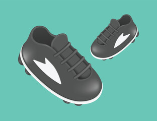 One pair of soccer cleats or soccer shoes, black with white trim, left and right for children, cute minimalist style, vector 3d isolated on green background for sport advertising concept design