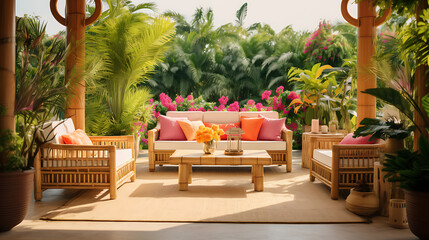 A tropical paradise-themed patio with a bamboo sofa set, lush greenery, and colorful floral...
