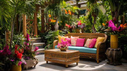 A tropical paradise-themed patio with a bamboo sofa set, lush greenery, and colorful floral...