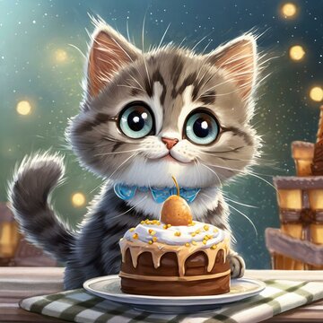 Adorable gatito ofreciendo un rico pastel