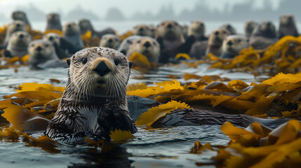 Um grupo brincalhão de lontras-marinh as flutuando entre algas-marinhas.