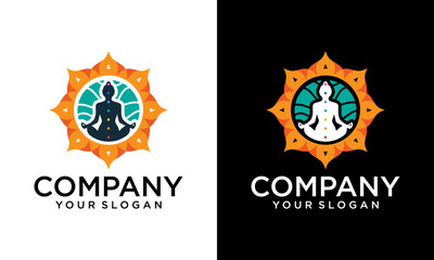 Creative Woman yoga Lotus flower logo vector templates. Meditating female in a lotus zen pose with a round halo.