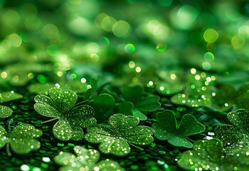 Bright green clovers with golden highlights on sparkling green background. st. patrick day concpet. Greeting card design.