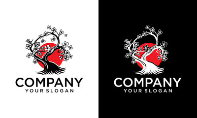 Creative Sakura in blossom and red sun logo, symbol of Japan Traditional Japanese ink painting sumi-e.