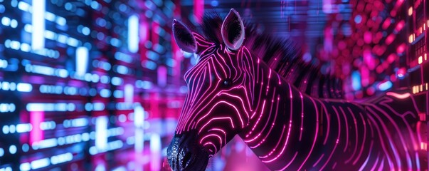 Neon-lit zebra leading a cyber crime syndicate, digital money codes embedded in its stripes