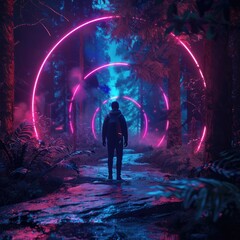 Time traveler emerging in a neon-lit dark forest, mysterious lights guiding the path - obrazy, fototapety, plakaty