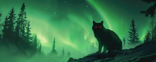 Vampire cat prowling under the Northern Lights blending folklore with the natural wonder of the Aurora Borealis - obrazy, fototapety, plakaty