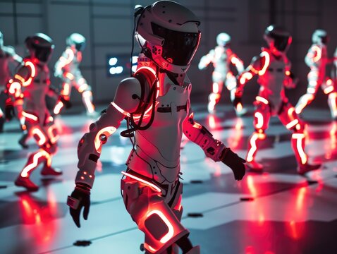 Virtual reality arcade, players in motion-capture suits, immersive digital worlds