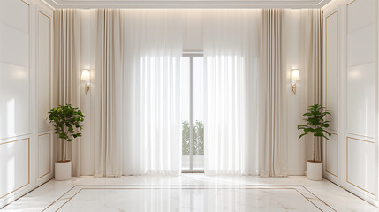 Luxury living room with white walls, tiled floor and large window. Interior of luxury hotel room with white walls, tiled floor, white ceiling and large window.