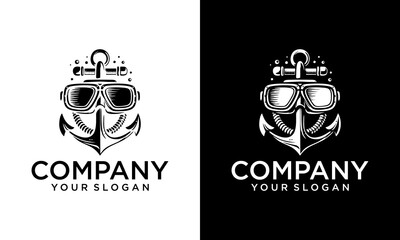 Creative logo with anchor elements and diving goggles. Can be used for commercial diving companies.