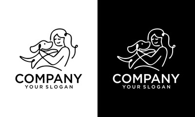 Creative human and dog animal charity logo with love. Pet lover. People, Cat and Dog.Pet care logo. illustration women hug dog and cat, heart pet