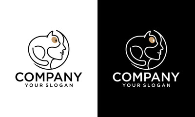 Creative human Head and cat animal charity logo with love. Pet lover. People, Cat and Dog.Pet care logo. illustration women hug dog and cat, heart pet