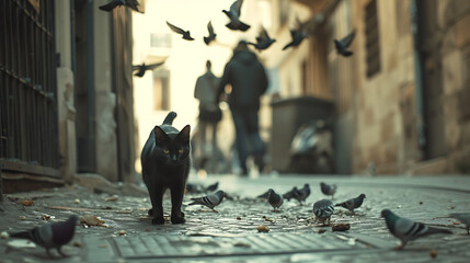 Um elegante gato preto explora a cidade enquanto brinca entre pedestres e bicicletas contrastando com o ambiente urbano