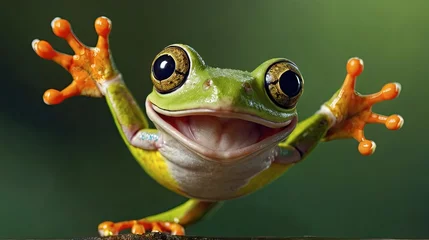 Fotobehang With a chuckle, a flying tree frog leaps into the air, catching updrafts to soar above the forest floor. © Viktoryia