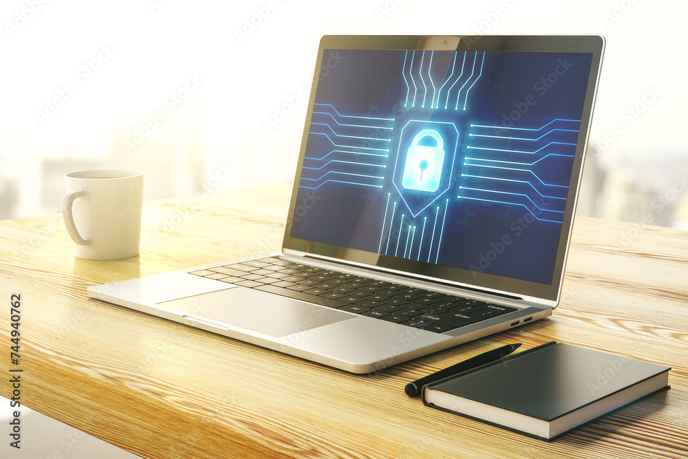 Poster Creative lock sketch with chip hologram on modern computer monitor, protection of personal data concept. 3D Rendering