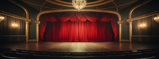 Theatrical Backdrop Photography, A theatrical backdrop featuring large red curtains against an empty background - obrazy, fototapety, plakaty