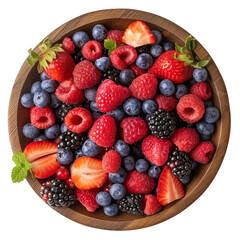 top view of juicy summer berry fruit salad in a wooden bowl isolated on a white transparent background