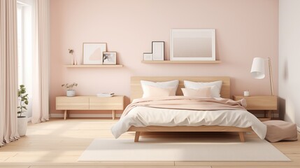 Modern Scandinavian-inspired Bedroom with Soft Blush Pink Walls and Minimalist Decor Create a serene and stylish bedroom with soft blush pink walls inspired by Scandinavian design principles