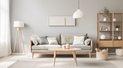 Modern Scandinavian-inspired Living Room with Soft Gray Walls and Minimalist Decor Design a modern and serene living room with soft gray walls inspired by Scandinavian design principles