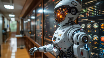 Fototapeta premium The simulation robot pointed at the large screen and introduced complex data ,generative ai