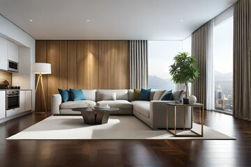 a 3D model of the living room with an open floor plan.