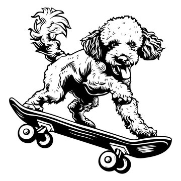 French poodle dog playing Skateboard