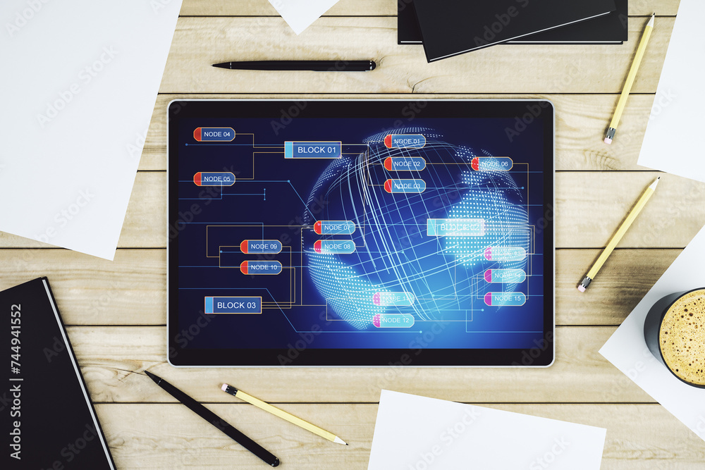 Aufkleber Modern digital tablet screen with abstract graphic coding sketch and world map, big data and networking concept. Top view. 3D Rendering