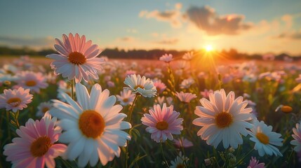 Meadow with lots of white and pink spring daisy flowers in sunny day. - obrazy, fototapety, plakaty