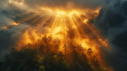 Obraz premium sharp jagged yellow mountains of Huangshan China covered in fog and clouds,generative ai