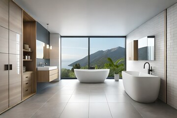 Fototapeta na wymiar a contemporary bathroom with a freestanding bathtub and glass shower.