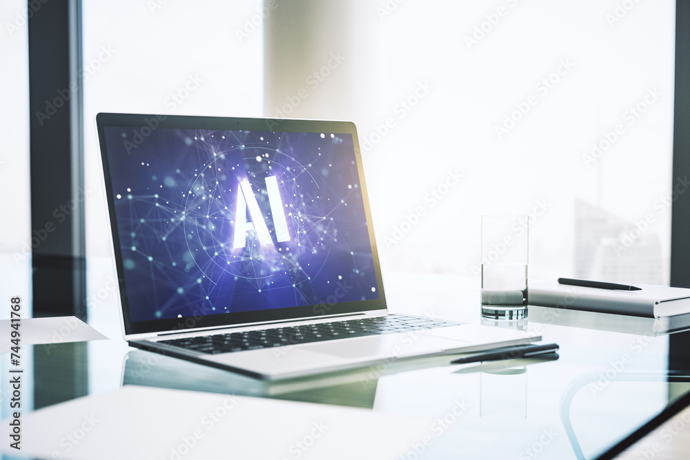 Poster creative artificial intelligence symbol concept on modern laptop screen. 3d rendering
