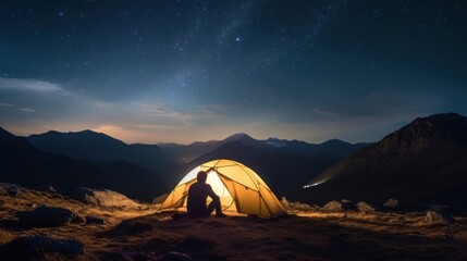 Refugee family sitting in tent, hiding from migration border service on shore, generate AI - obrazy, fototapety, plakaty