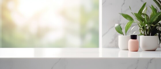 Mockup space for Montage product Minimalist white bathroom interior. Empty marble table top for product display with blurred bathroom interior background.