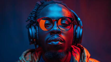 one man guy jacket background portrait fashion dj american music headphones african black ,generative ai
